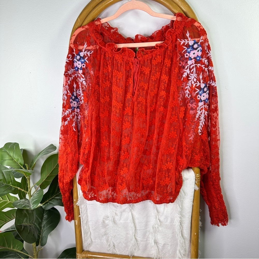 Free People Red Lace Boho Top sz L